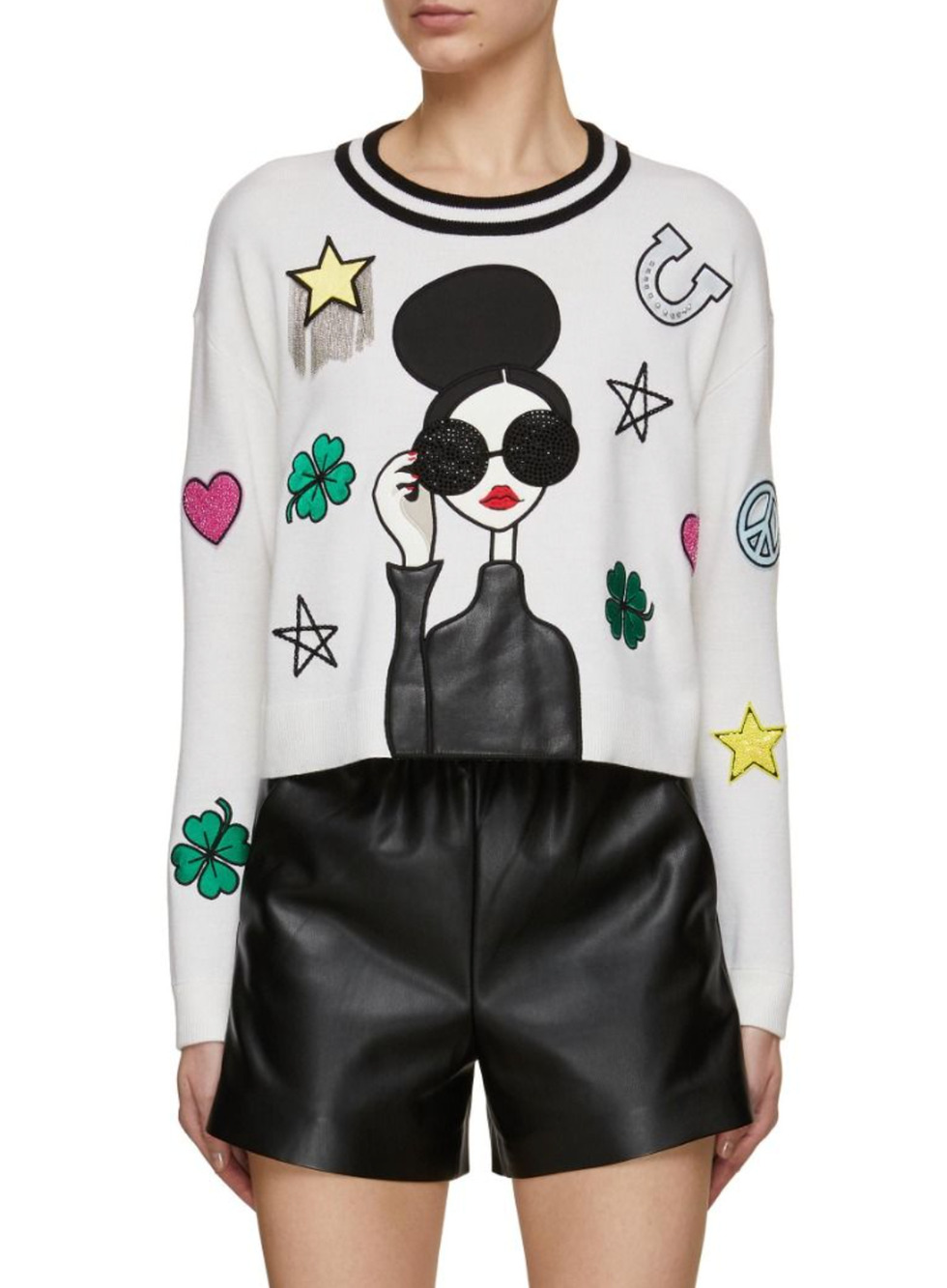 Alice + Olivia Gleeson Stace Face Boxy Sweater with Crystal Embellishments